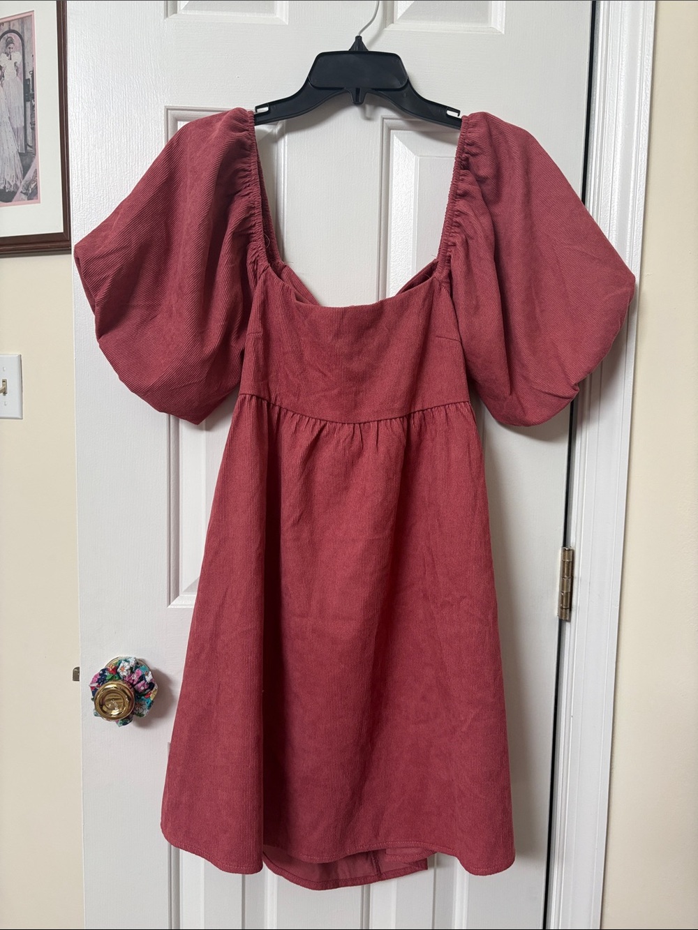 Francesca's Puff Sleeve Tie back Mini Dress pink corduroy
